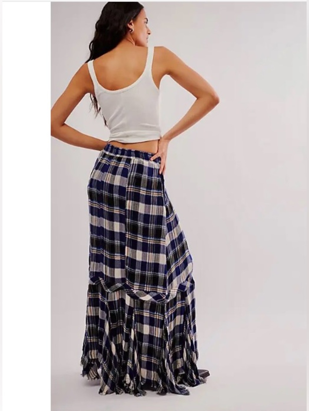 Free People Bordeaux Plaid Maxi Skirt In Navy Combo - Siren Plaid Small